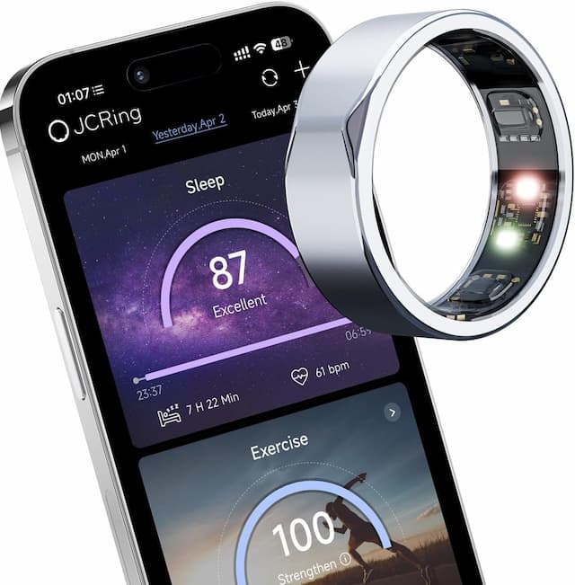 Anillo inteligente de actividad física JCRing, dispositivo portátil de seguimiento del sueño, monitoreo preciso del podómetro, frecuencia cardíaca y temperatura, anillo de titanio con estuche de carga, aplicación para iOS y Android (tamaño 12)