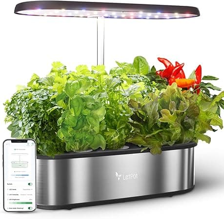 Sistema de cultivo hidropónico LetPot LPH-SE, kit de jardín de hierbas inteligente de 12 cápsulas para interiores, jardín de interior, controlado por aplicación y WiFi, con LED de crecimiento de 24 W, tanque de agua de 5,5 L, sistema de bomba, temporizador automático