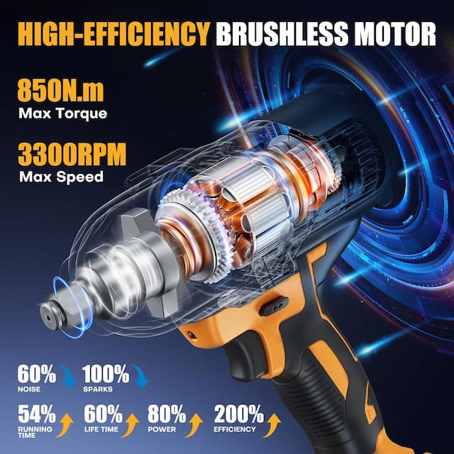 Llave de impacto inalámbrica de 1/2 pulgada sin escobillas, par máximo (850 N.m) pistola de impacto eléctrica de 640 pies-libras con 2 baterías de 4000 mAh, cargador y 6 enchufes